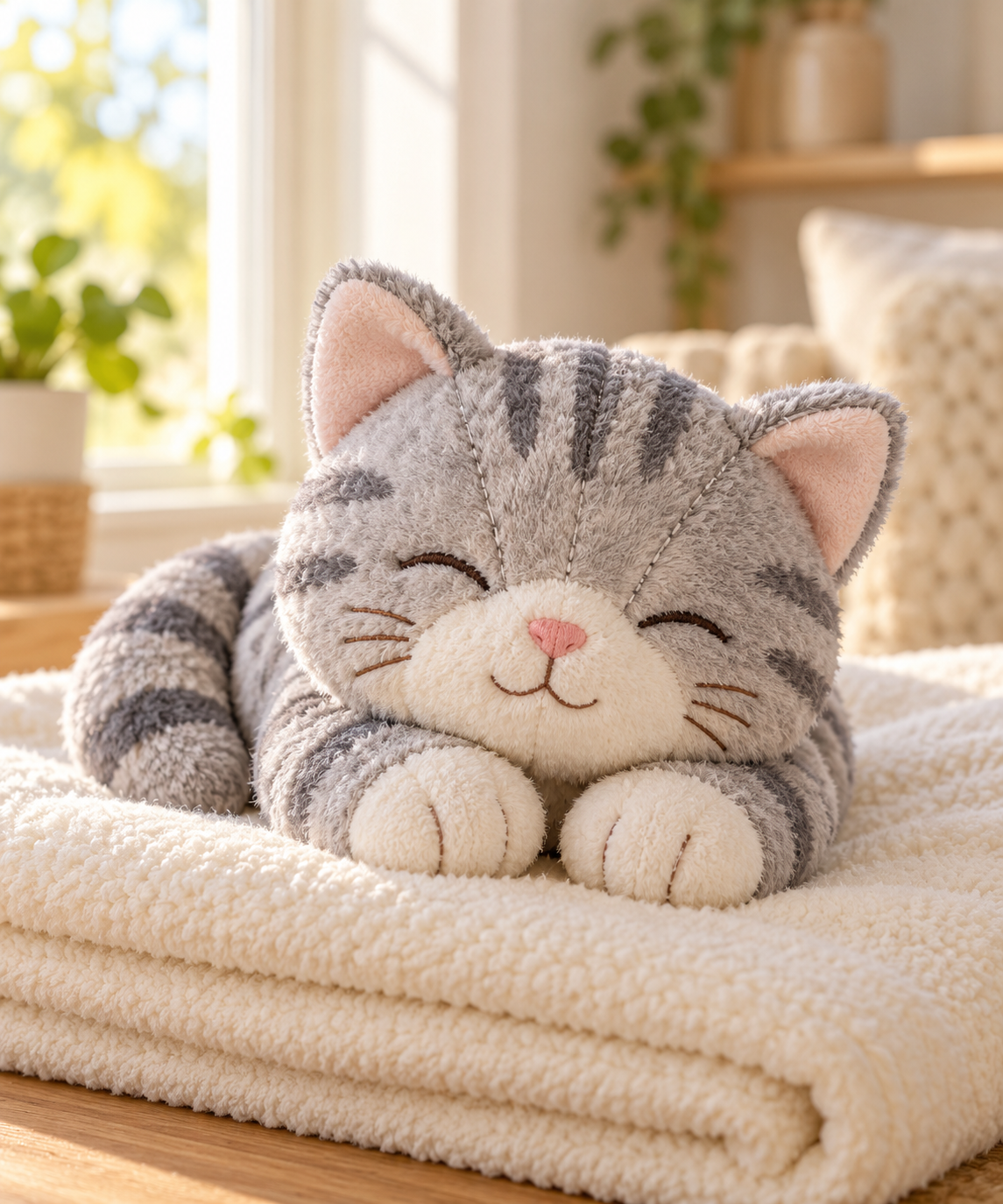 Gray stuffed cat resting on a blanket