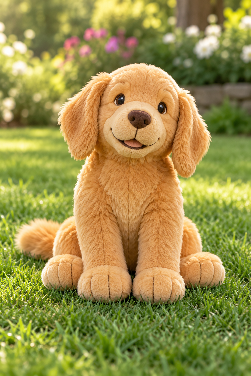 Golden stuffed dog sitting in a garden